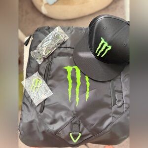 New Monster Energy Drink Drawstring Bag w Black Cap + Keychain